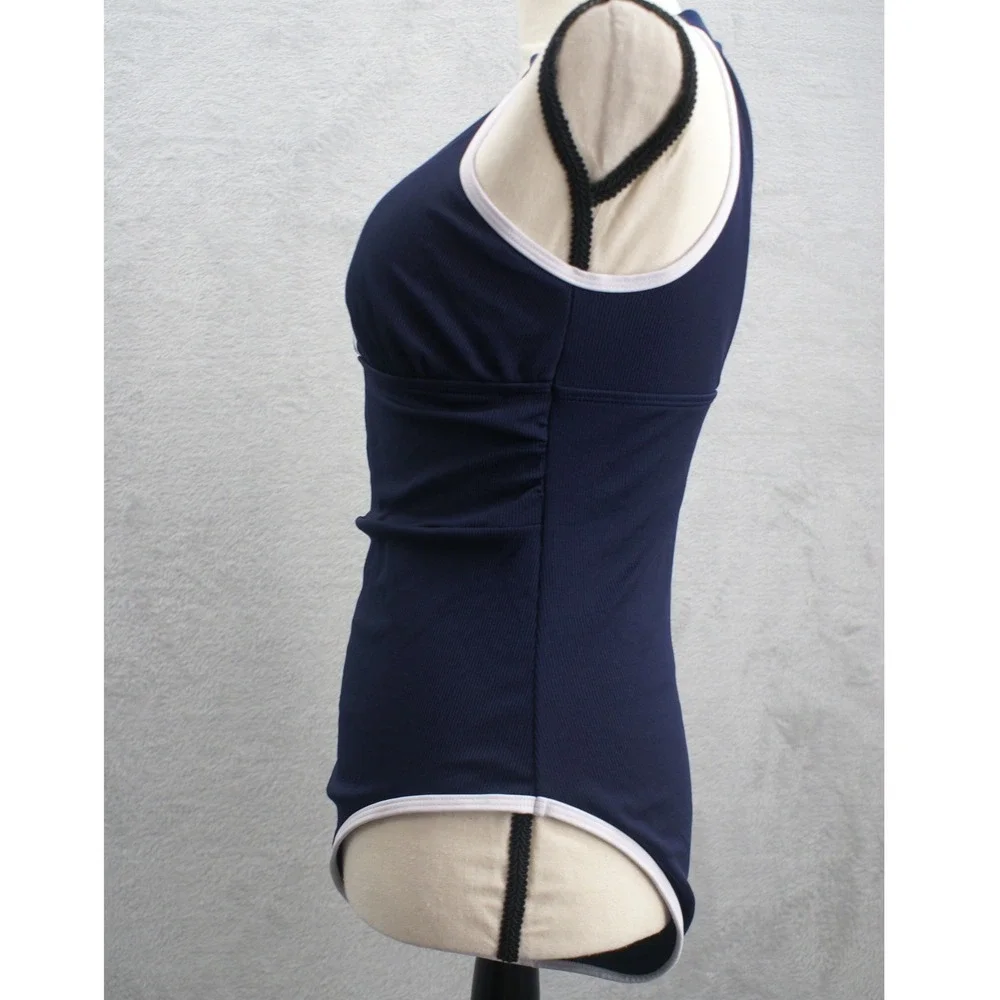 Navy Ribbed Halter One Piece Swimsuit White Trim Keyhole Cutout Women Medium
